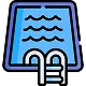 Icon of a swimming pool with blue water, black outline, and a ladder at the bottom.