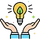 Hands cradle a glowing light bulb with a green leaf inside icon