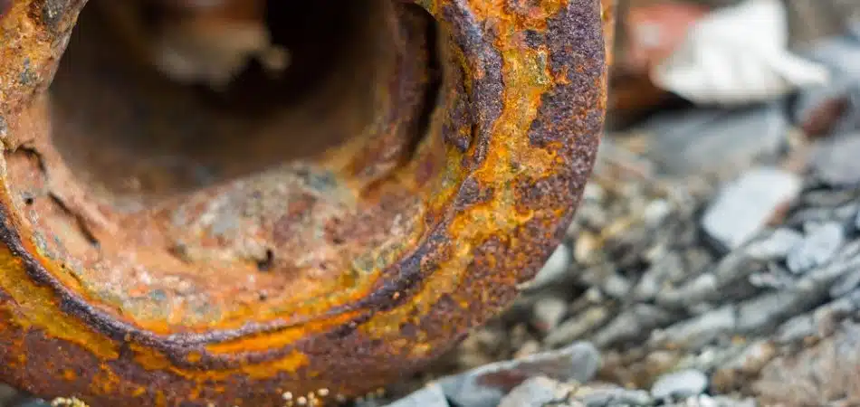 Close-up of a heavily rusted metal pipe lying on rocks, with barnacles attached—showing the effects of corrosion inside plumbing systems.