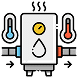 Illustration of a boiler with a yellow gauge and droplet icon