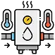 Illustration of a boiler with a yellow gauge and droplet icon