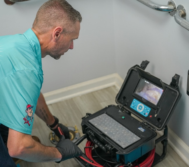 A technician uses a camera inspection device to examine plumbing pipes in a restroom.