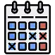 A calendar with several dates marked in blue and three dates crossed out in black; two dates are marked in red.